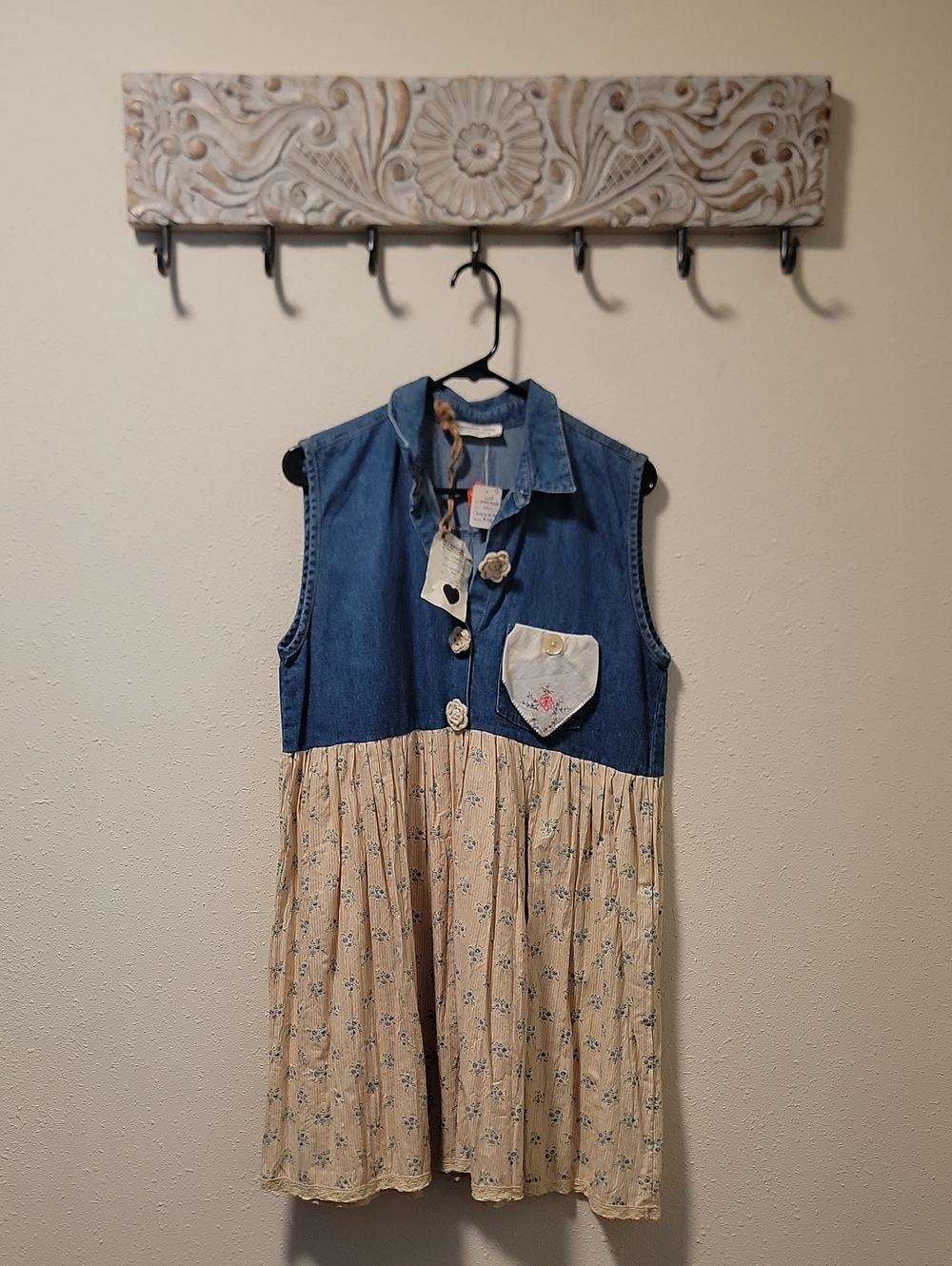 Hand Crafted Blue Denim Top with Cream Floral Skirt Mini Dress